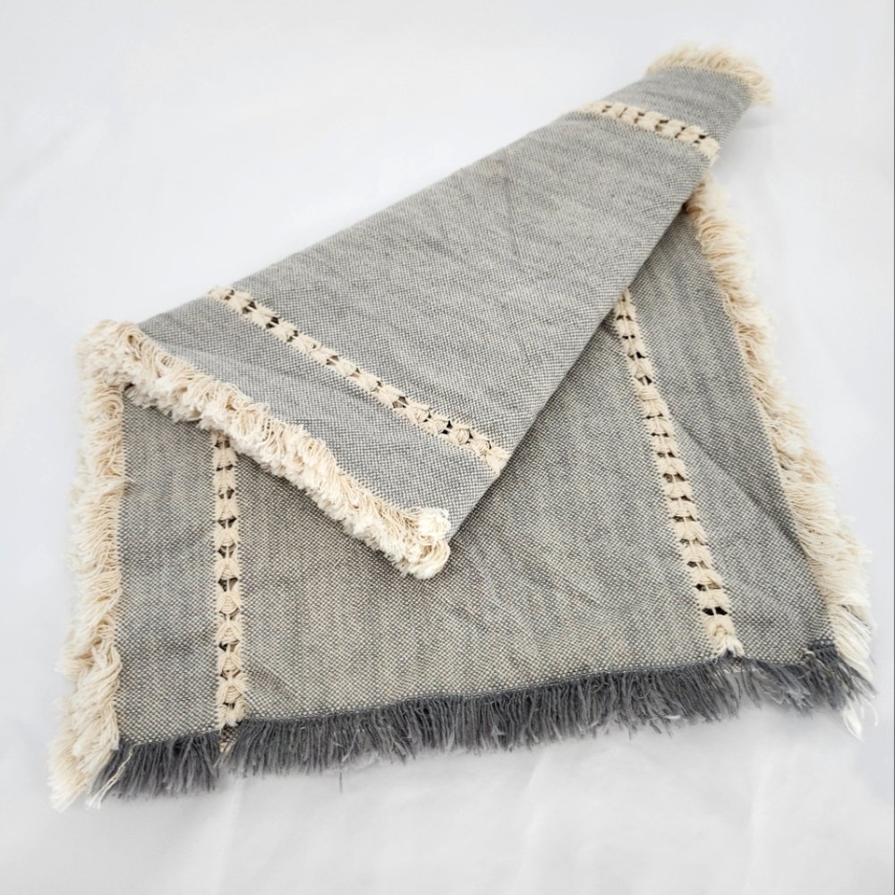 Better Homes & Garden Cotton Table Runner 70x15 Gray Ivory Check Fringe Boho